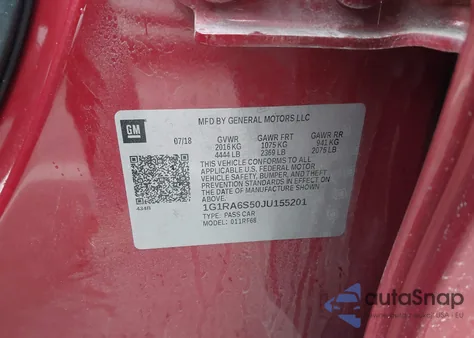 2018 Chevrolet Volt Lt из США, поврежденный, VIN 1G1RA6S50JU155201